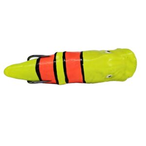 Isca Artificial Zara Popper Pro Line cor amarelo com laranja detalhes deitada – 9cm 14g